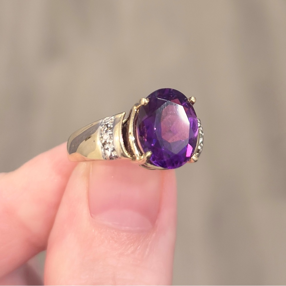Vintage 10K Amethyst Ring: Diamond Accent Oval Solitaire Open Setting Size 6.75 - Picture 6 of 16